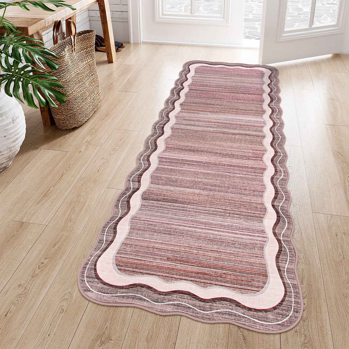 Estelle Washable Modern Abstract Bordered Scalloped Pink Rug Irregular Rugs Lahome 2' x 6'