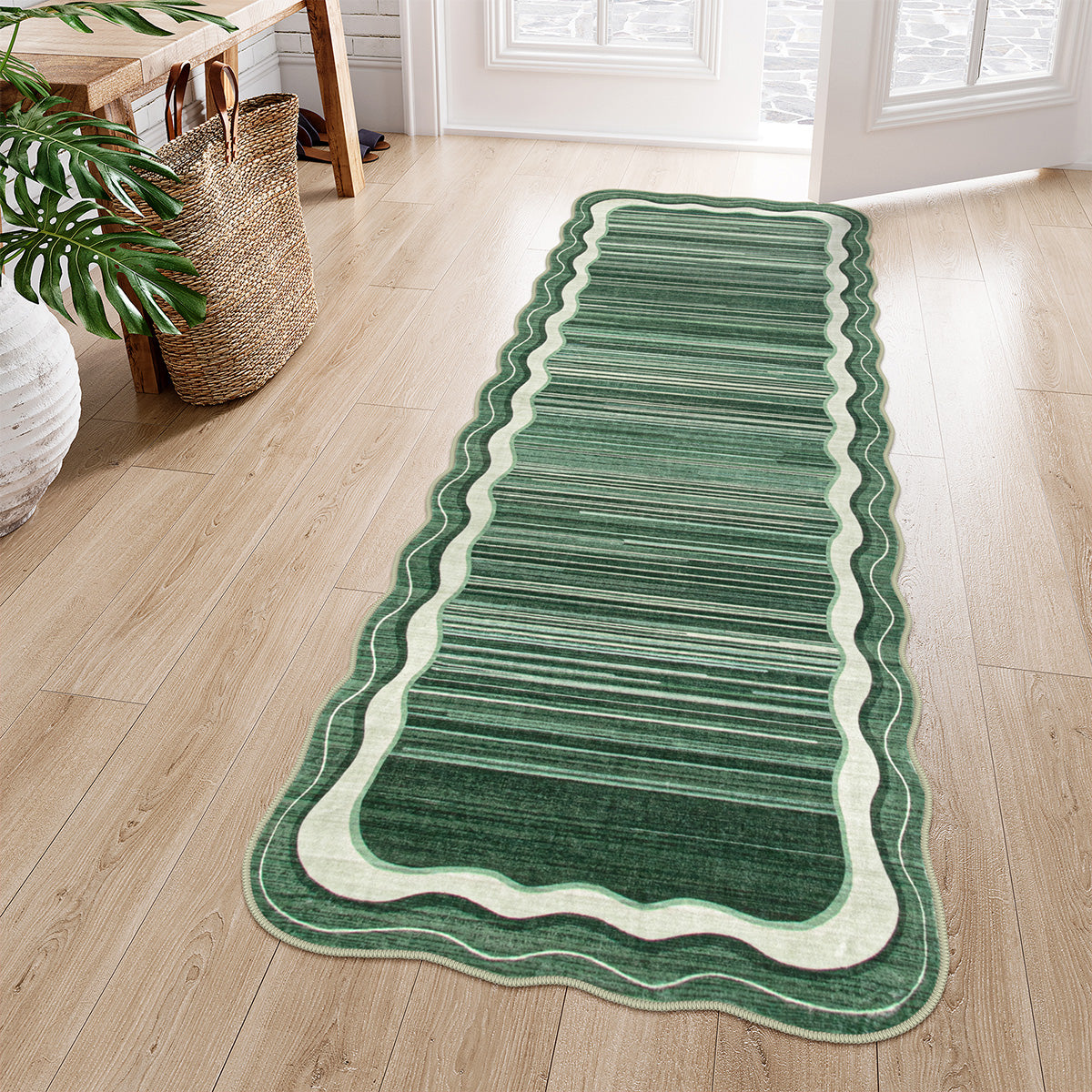 Estelle Washable Modern Abstract Bordered Scalloped Green Rug Irregular Rugs Lahome 2' x 6'