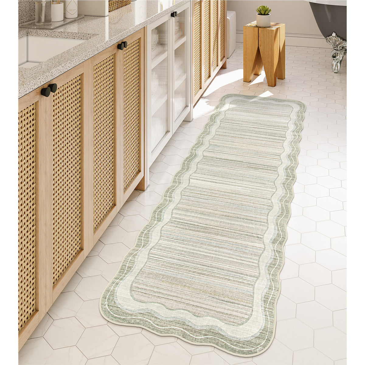 Estelle Washable Modern Abstract Bordered Scalloped Beige Rug Irregular Rugs Lahome