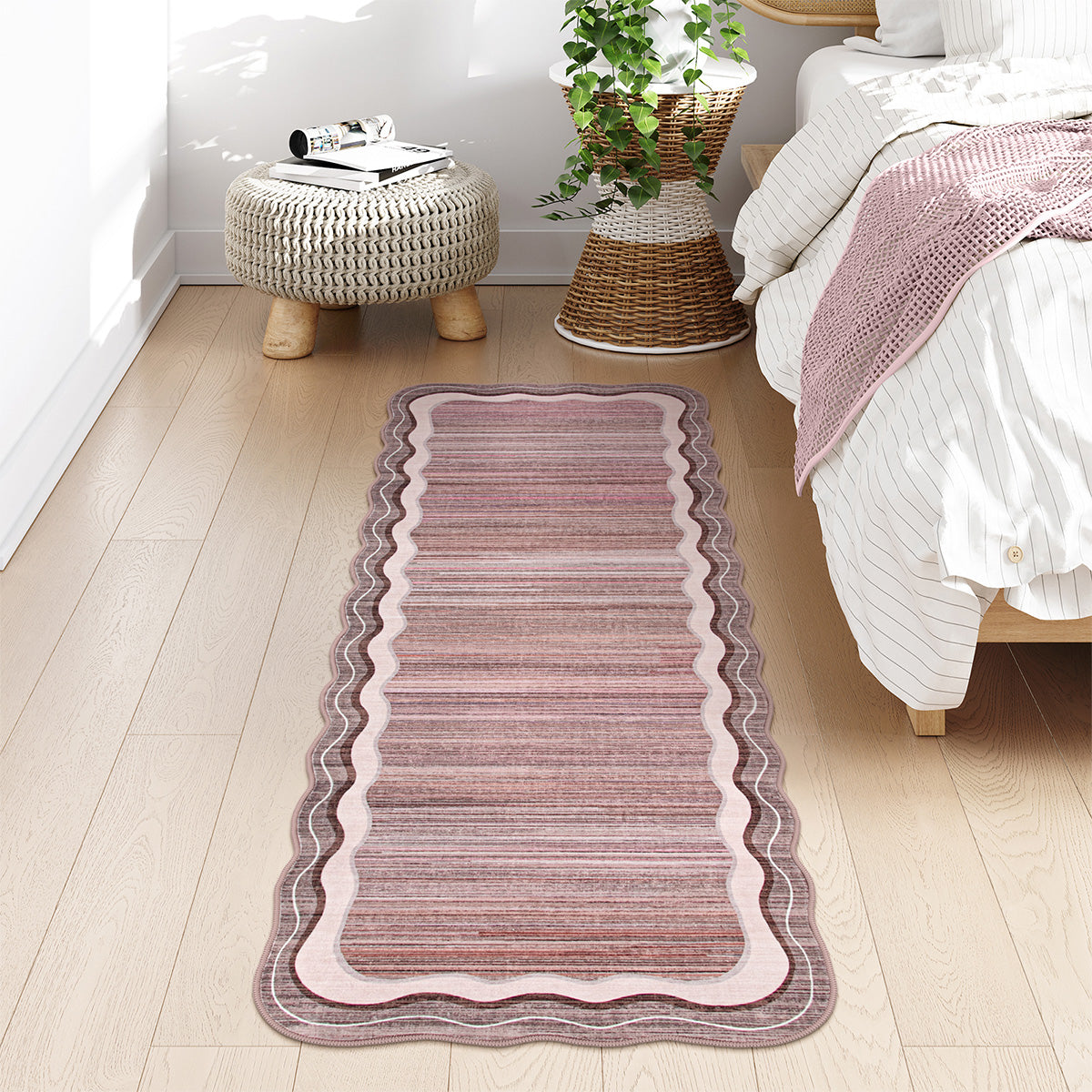 Estelle Washable Modern Abstract Bordered Scalloped Pink Rug Irregular Rugs Lahome