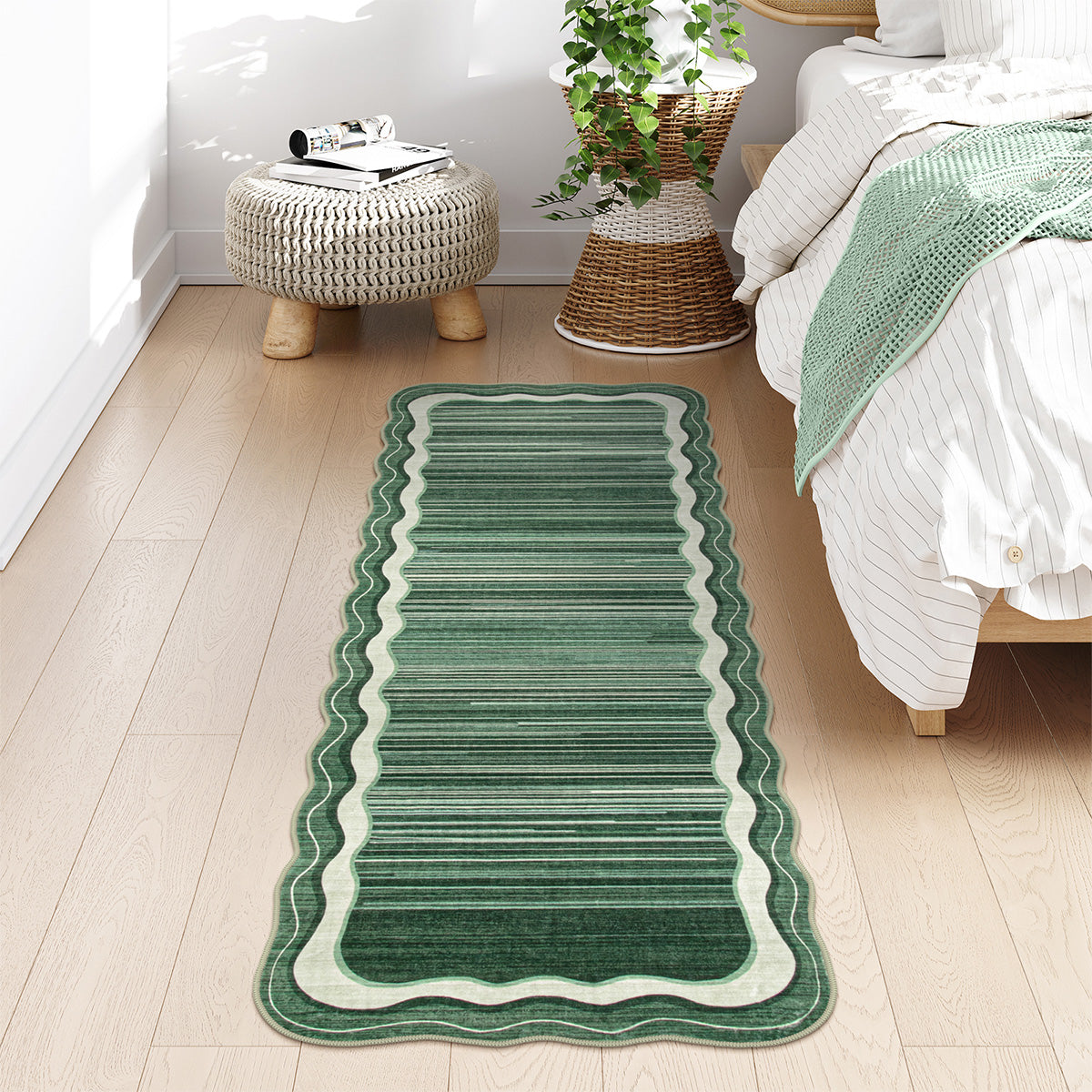 Estelle Washable Modern Abstract Bordered Scalloped Green Rug Irregular Rugs Lahome
