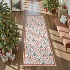 Glace Christmas Washable Tree and Reindeer Pink/Beige Rug Area Rugs Lahome 2' x 6'