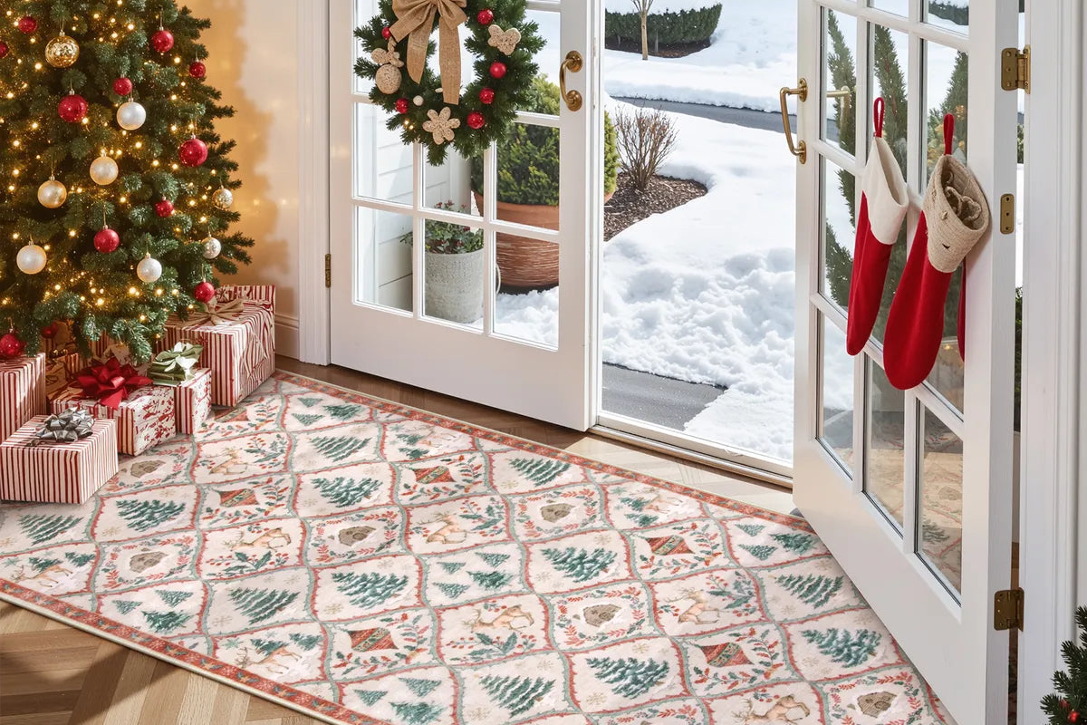 Glace Christmas Washable Tree and Reindeer Pink/Beige Rug Area Rugs Lahome