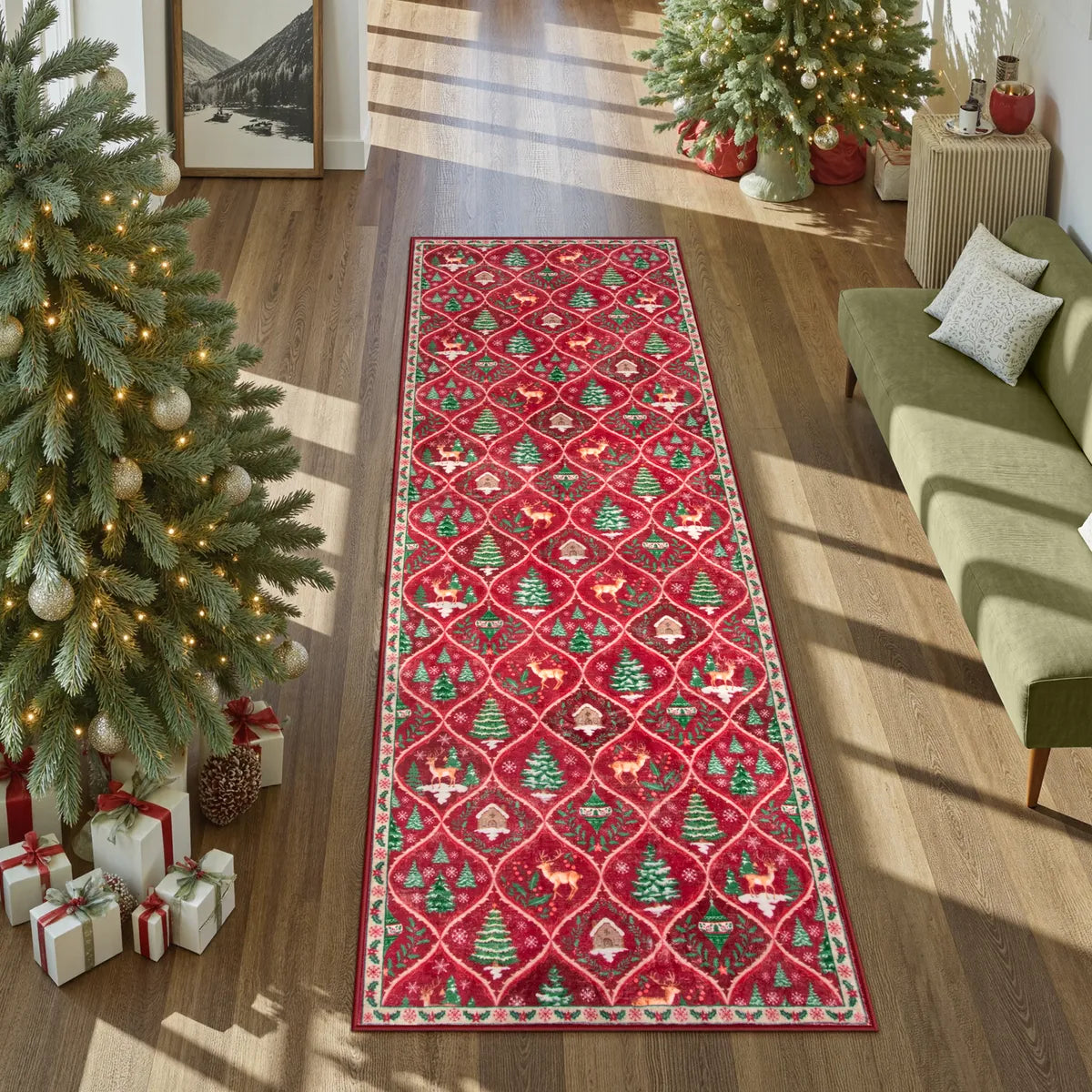 Glace Christmas Washable Tree and Reindeer Red Rug Area Rugs Lahome 2' x 6'