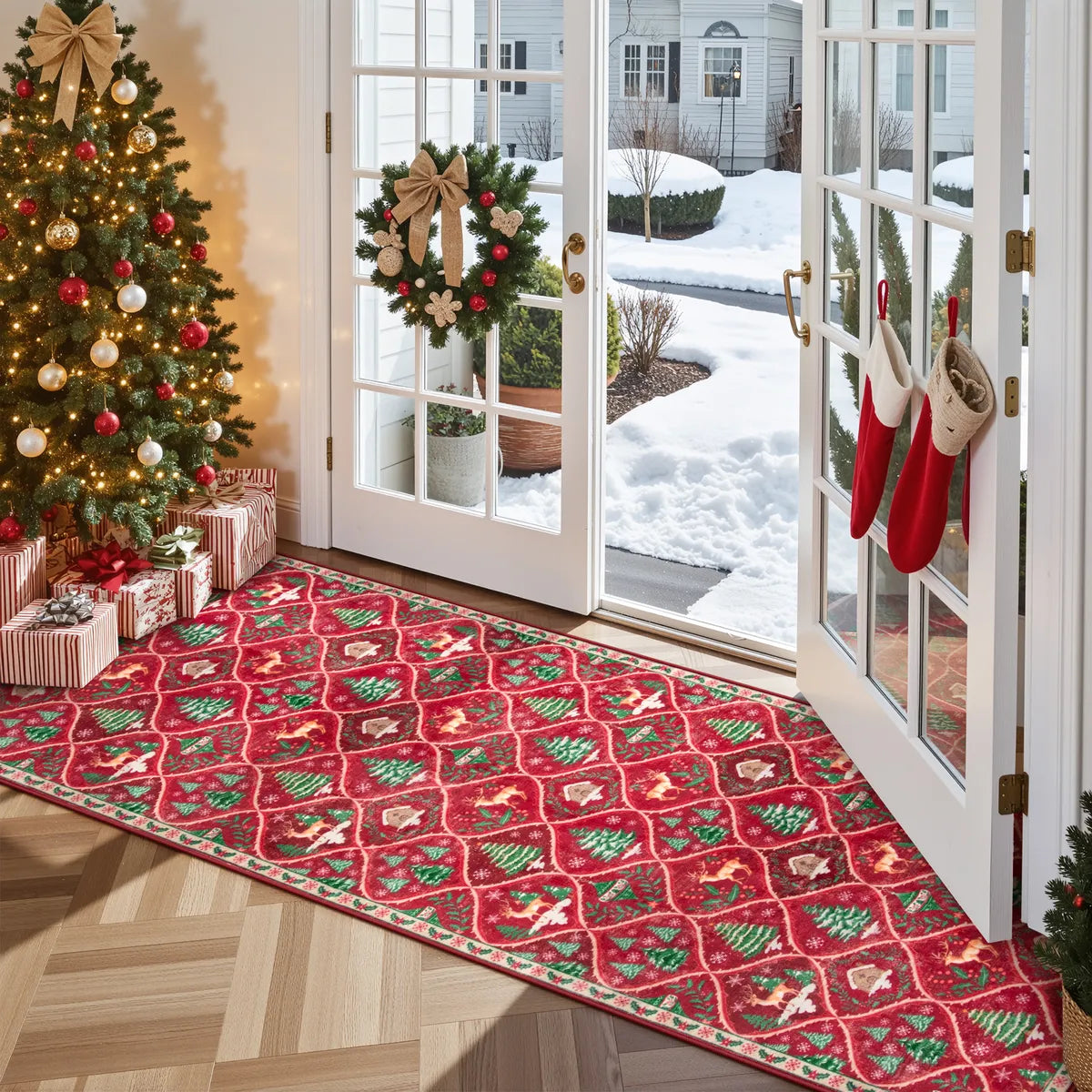 Glace Christmas Washable Tree and Reindeer Red Rug Area Rugs Lahome