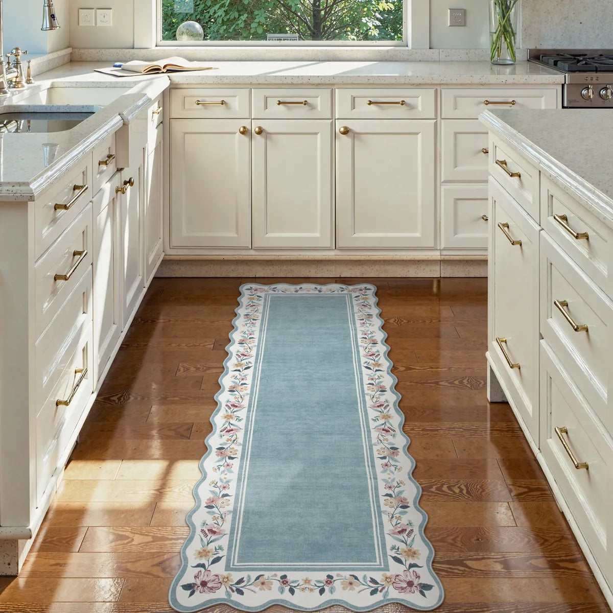 Ariele Washable Vintage Floral Scalloped Dusty Blue Rug Area Rugs Lahome