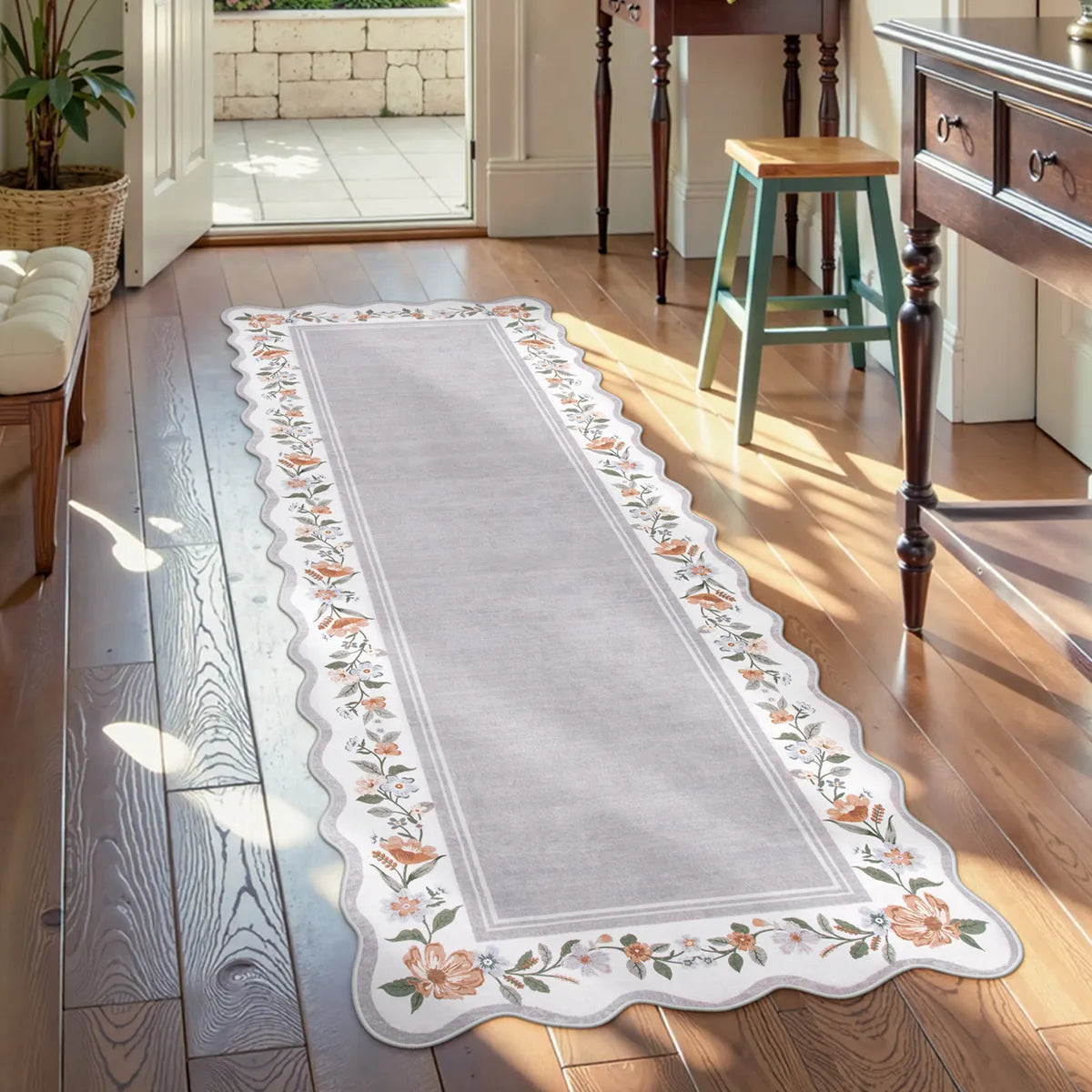 Ariele Washable Vintage Floral Scalloped Gray Purple Rug Area Rugs Lahome 2' x 6'