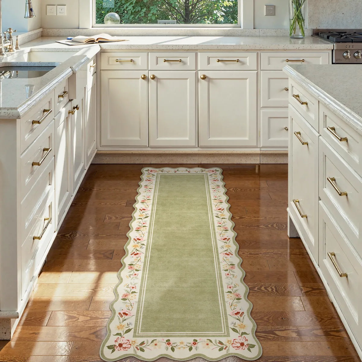 Ariele Washable Vintage Floral Scalloped Sage Green Rug Area Rugs Lahome 2' x 6'