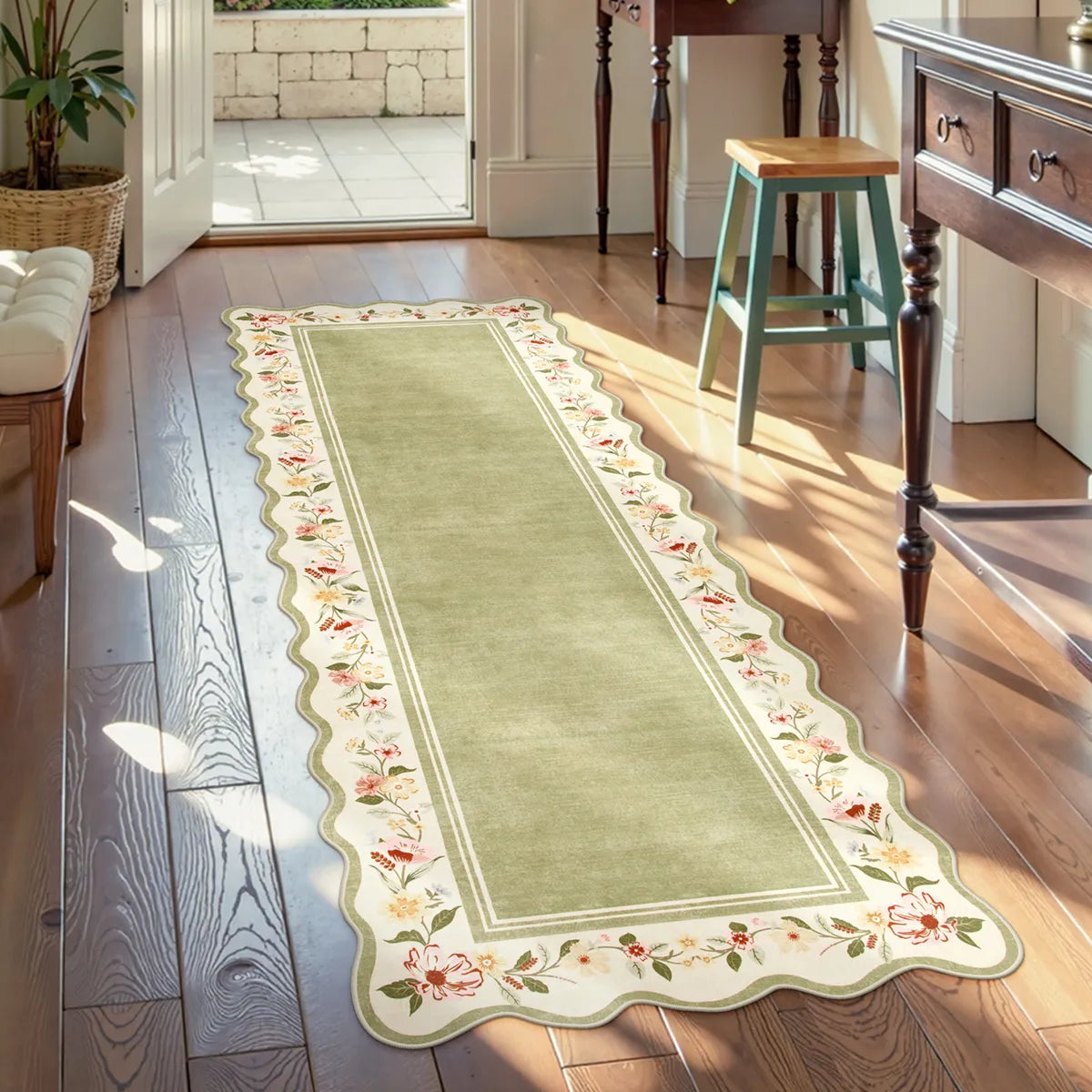Ariele Washable Vintage Floral Scalloped Sage Green Rug Area Rugs Lahome