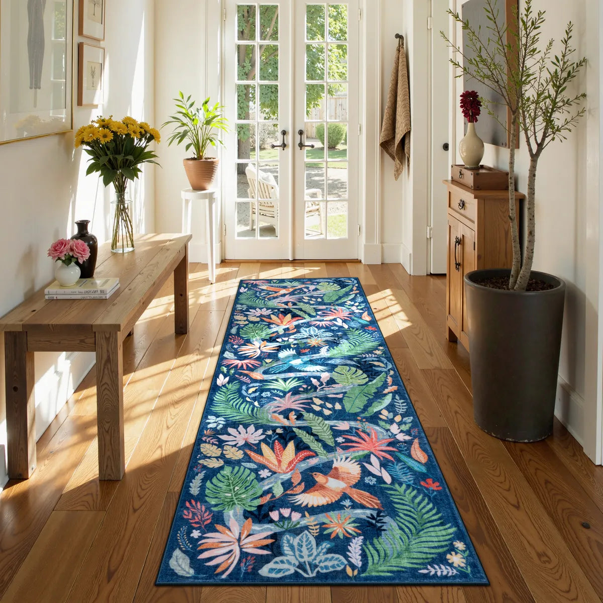 Avelie Washable Modern Tropical Bird Blue Runner Rug Area Rugs Lahome 2' x 6'
