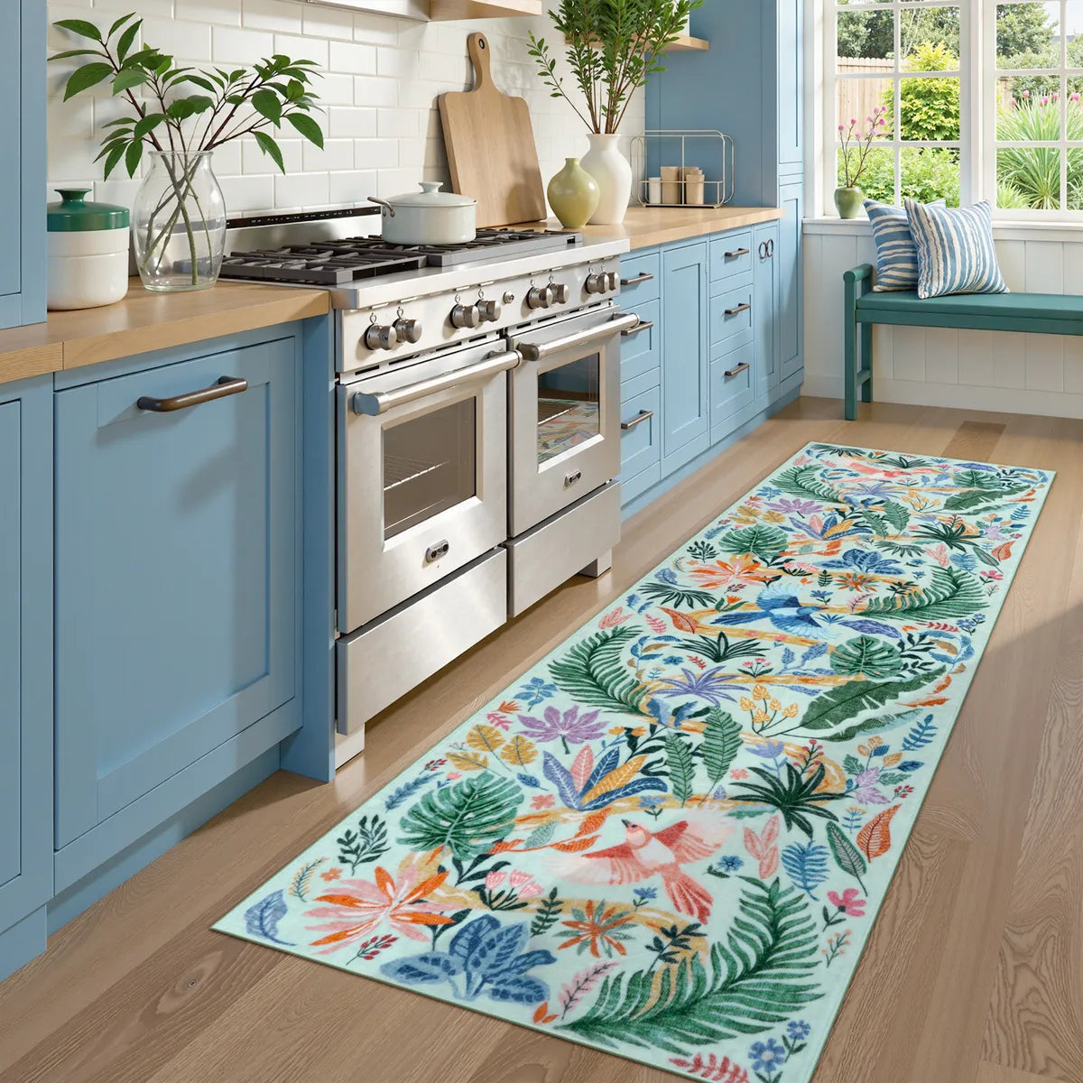 Avelie Washable Modern Tropical Bird Green Runner Rug Area Rugs Lahome