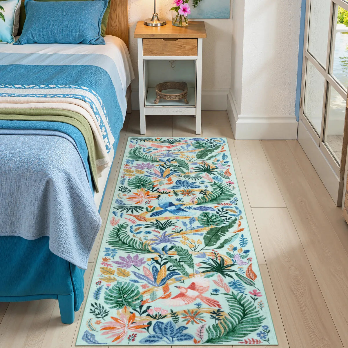 Lahome Washable Modern Tropical Bird Green Runner Rug for kitchen
