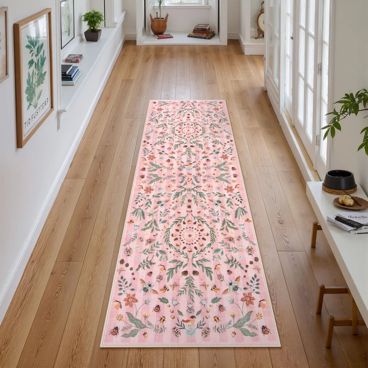 Chloe Washable Boho Insect Botanical Floral Pink Runner Rug Area Rugs Lahome 2' x 6'