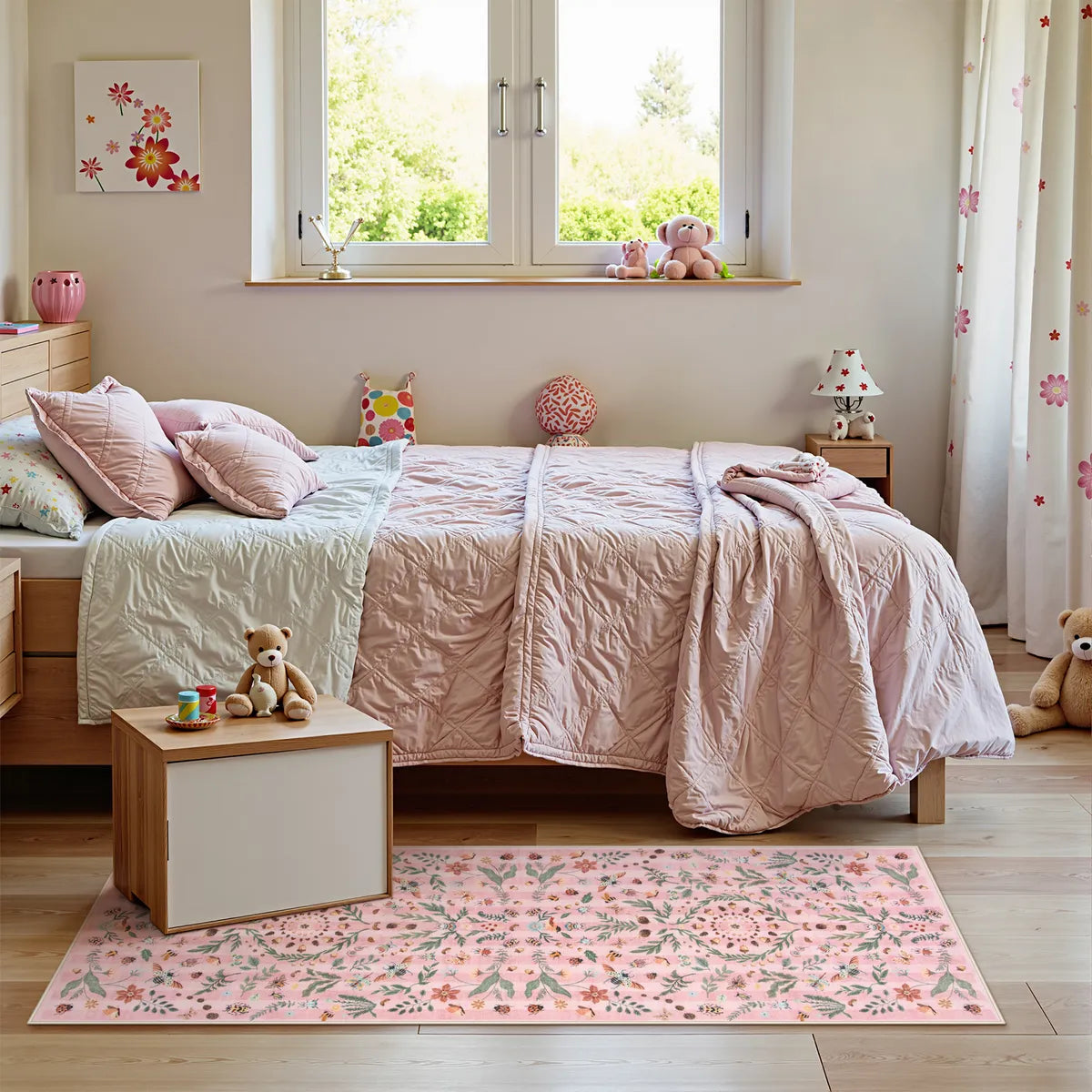 Chloe Washable Boho Insect Botanical Floral Pink Runner Rug Area Rugs Lahome