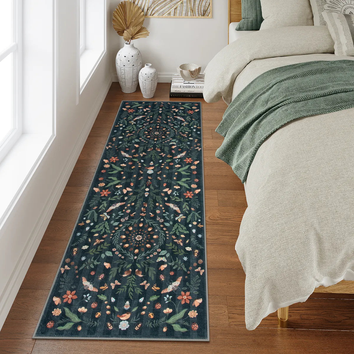 Chloe Washable Boho Insect Botanical Floral Black Runner Rug Area Rugs Lahome 2' x 6'