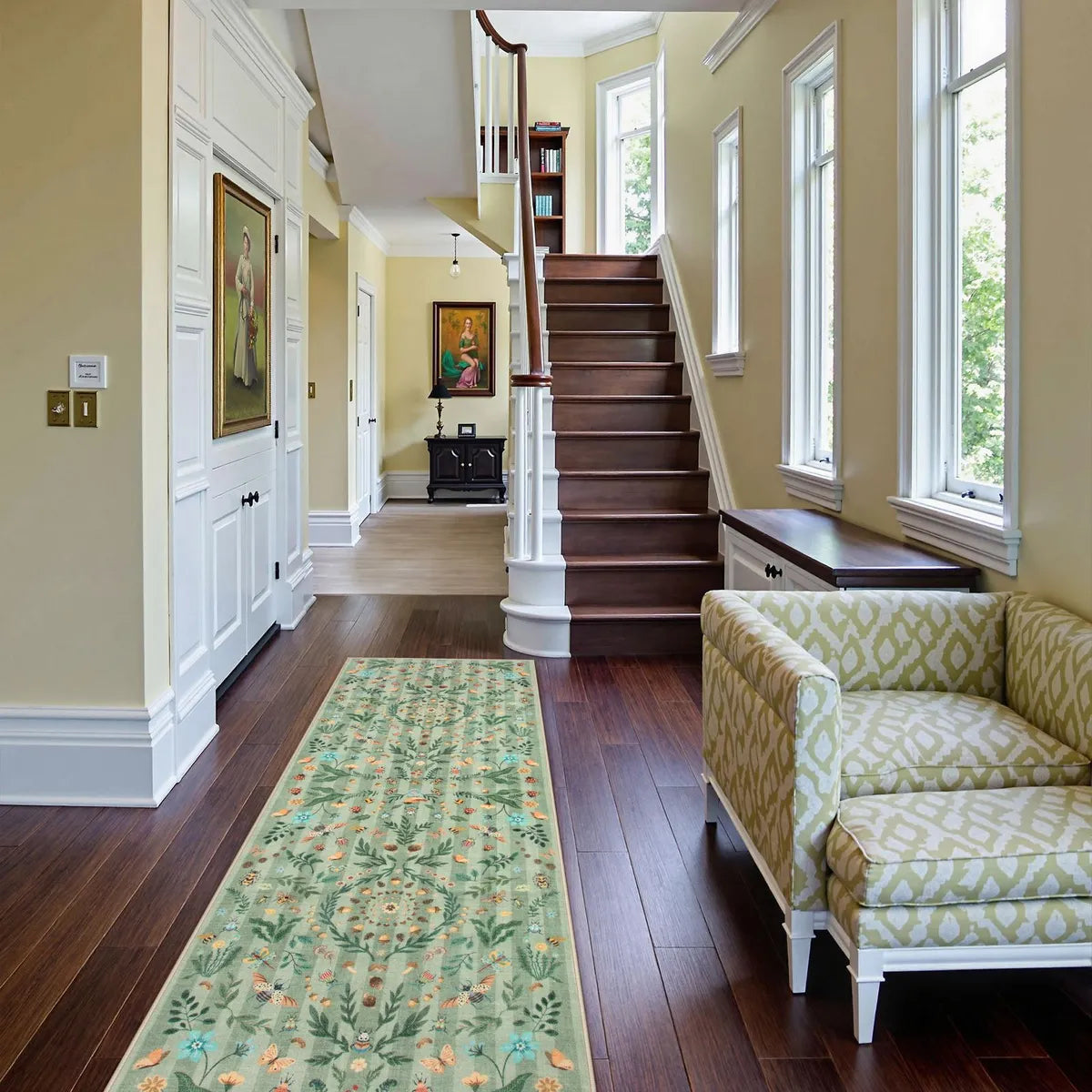 Chloe Washable Boho Insect Botanical Floral Green Runner Rug Area Rugs Lahome 2' x 6'