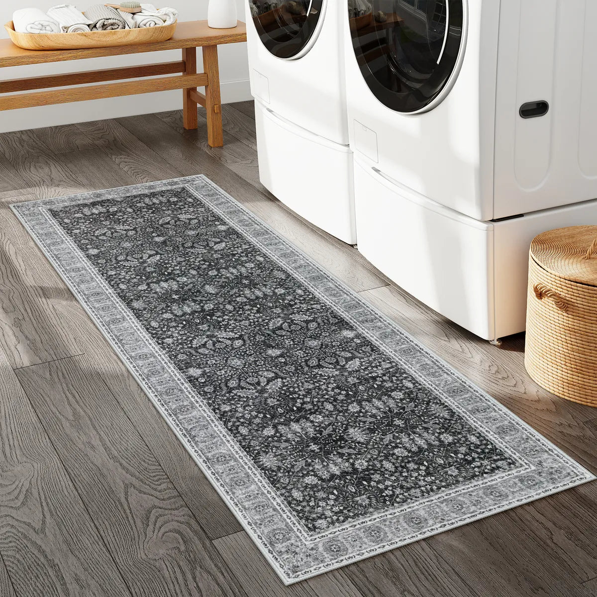 Odette Washable Boho Vintage Border Floral Grey Runner Rug Clearance Rugs Lahome