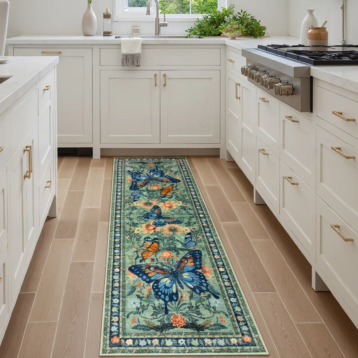 Leonie Washable Butterfly Floral Blossom Green Rug Area Rugs Lahome 2' x 6'