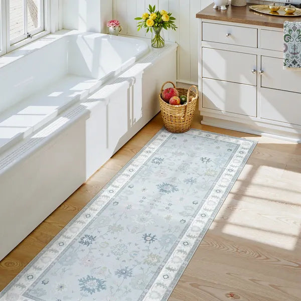 Cachet Washable Boho Oushak Floral Light Blue Rug Rugs Lahome