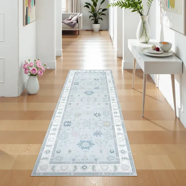 Cachet Washable Boho Oushak Floral Light Blue Rug Rugs Lahome 2' x 6'