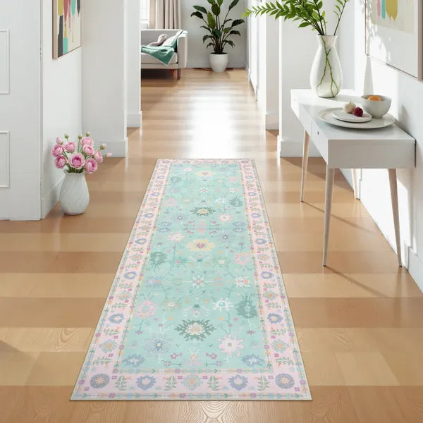 Cachet Washable Boho Oushak Floral Pink/Green Rug Rugs Lahome 2' x 6'