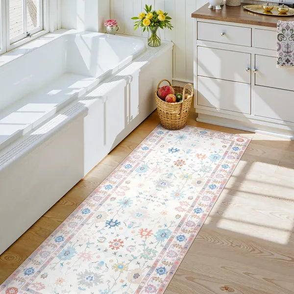 Cachet Washable Boho Oushak Floral Pink Rug Rugs Lahome