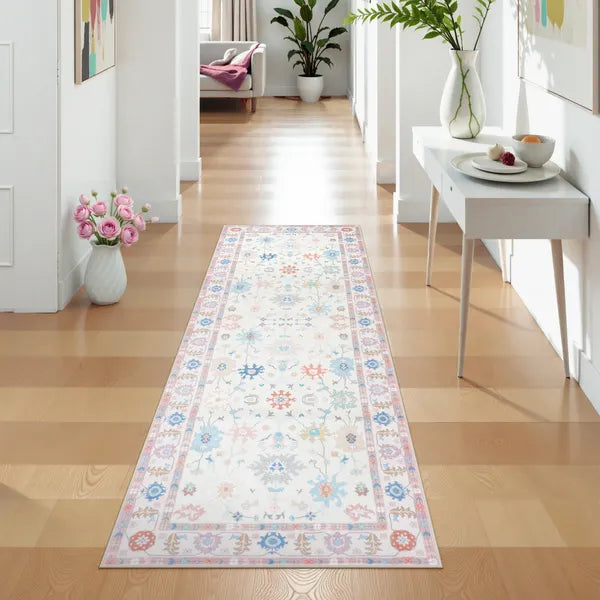 Cachet Washable Boho Oushak Floral Pink Rug Rugs Lahome 2' x 6'