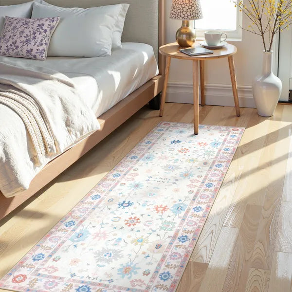 Cachet Washable Boho Oushak Floral Pink Rug Rugs Lahome