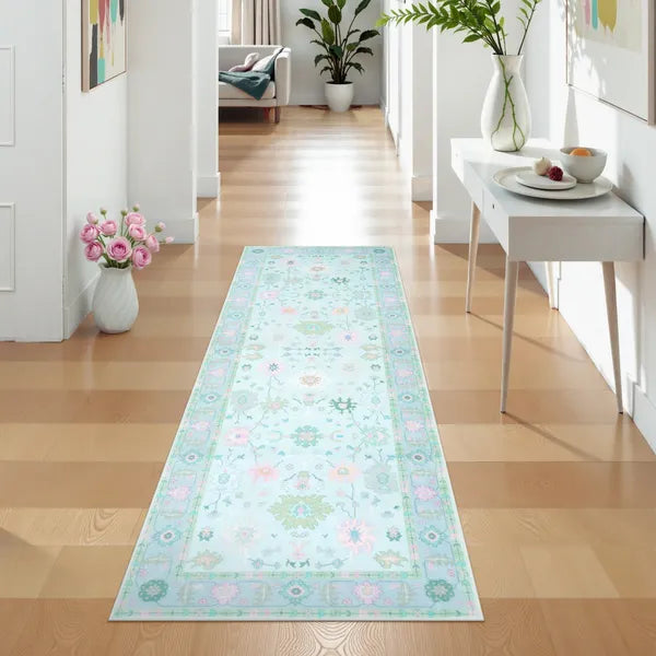 Cachet Washable Boho Oushak Floral Teal Rug Rugs Lahome 2' x 6'