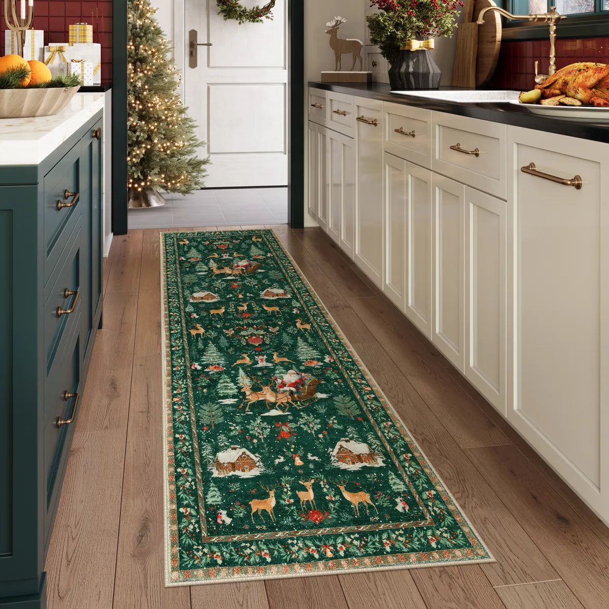 Olivier Christmas Washable Tree and Santa Green Rug Area Rugs Lahome 2' x 6'