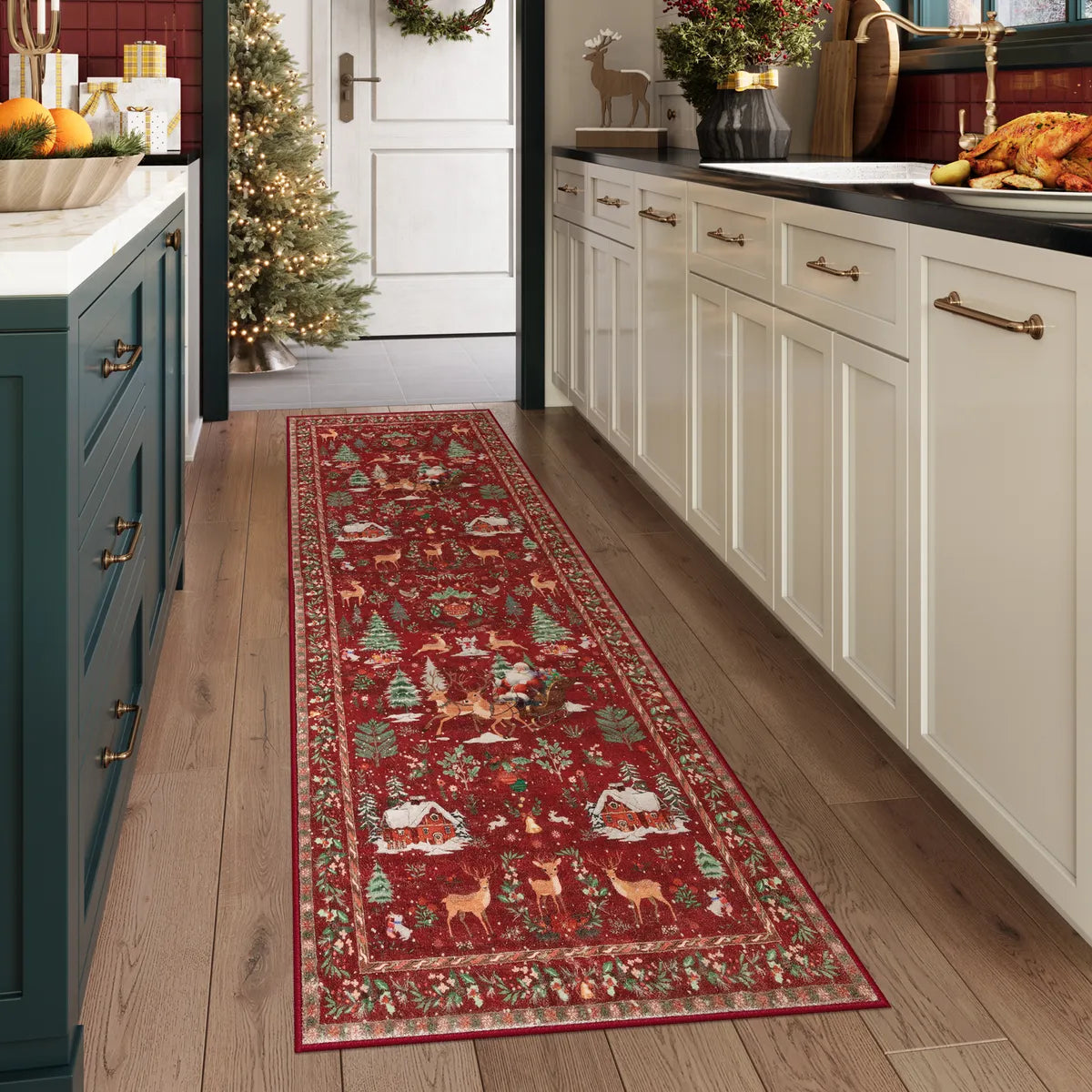 Olivier Christmas Washable Tree and Santa Red Rug Area Rugs Lahome 2' x 6'