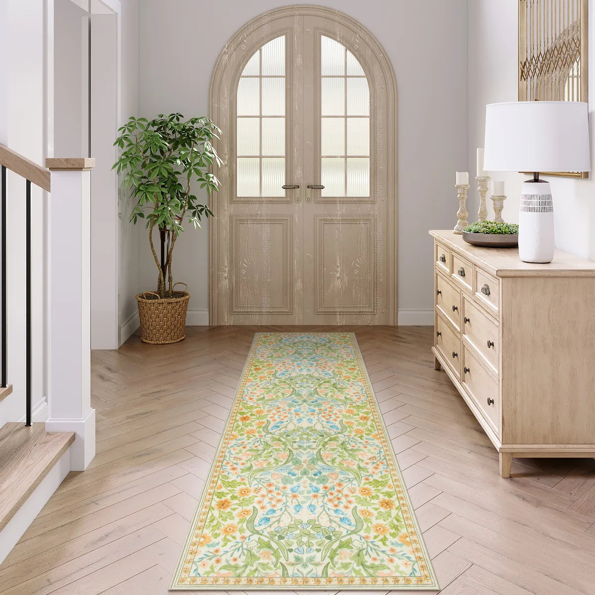 Claude Washable Maximalism Vibrant Floral Light Green Rug Area Rugs Lahome