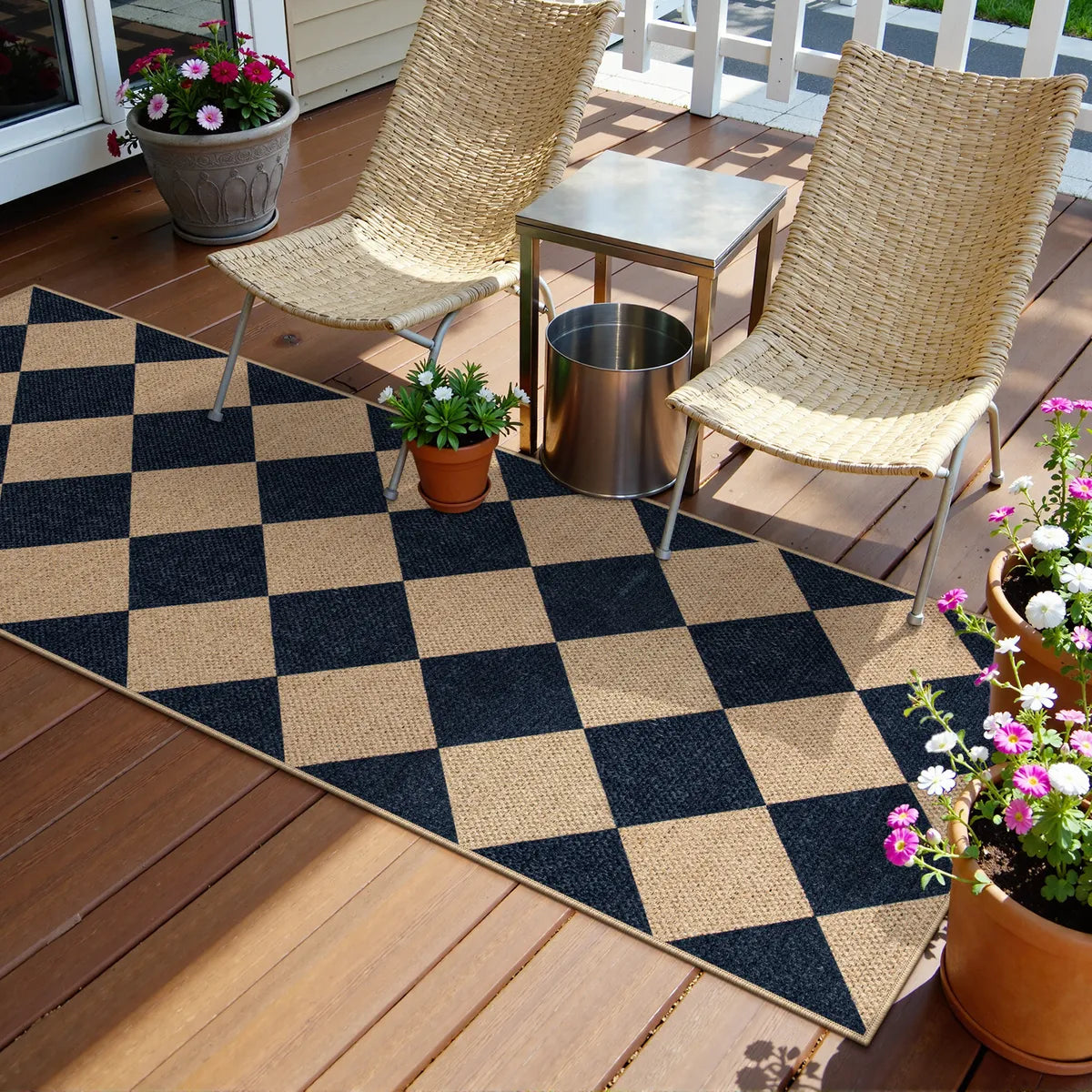 Coline Washable Geometric Checkered Easy Jute Black Indoor/Outdoor Rug Easy Jute Area Rug Lahome