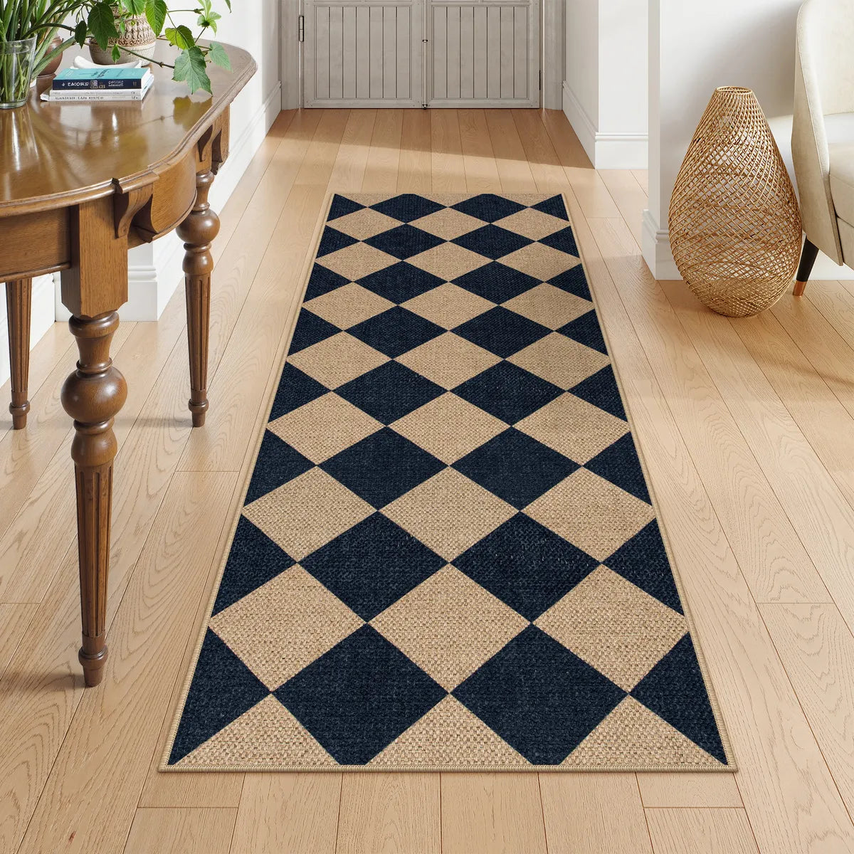 Coline Washable Geometric Checkered Easy Jute Black Indoor/Outdoor Rug Easy Jute Area Rug Lahome 2' x 6'