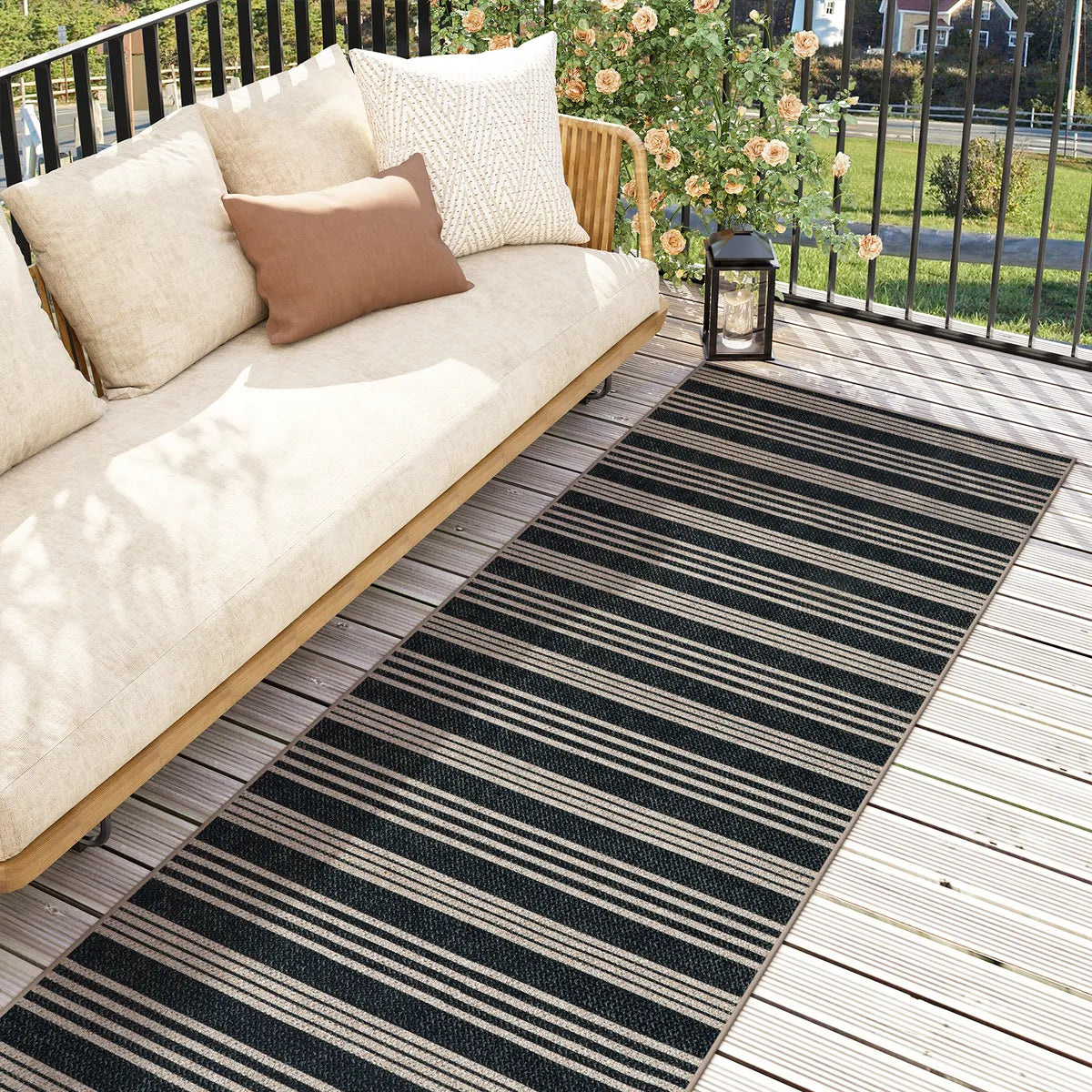 Elance Washable Modern Stripe Easy Jute Mix Black Indoor/Outdoor Rug Easy Jute Rug Lahome
