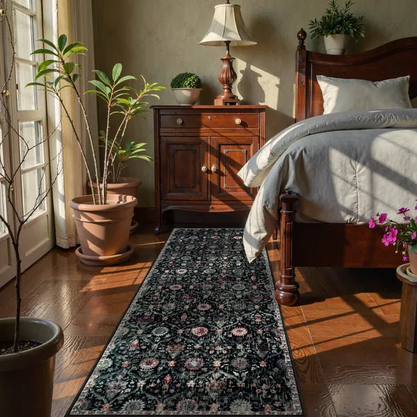 Elise Washable Ultra-thin Vintage Floral Moroccan Trellis Black Rug Area Rugs Lahome
