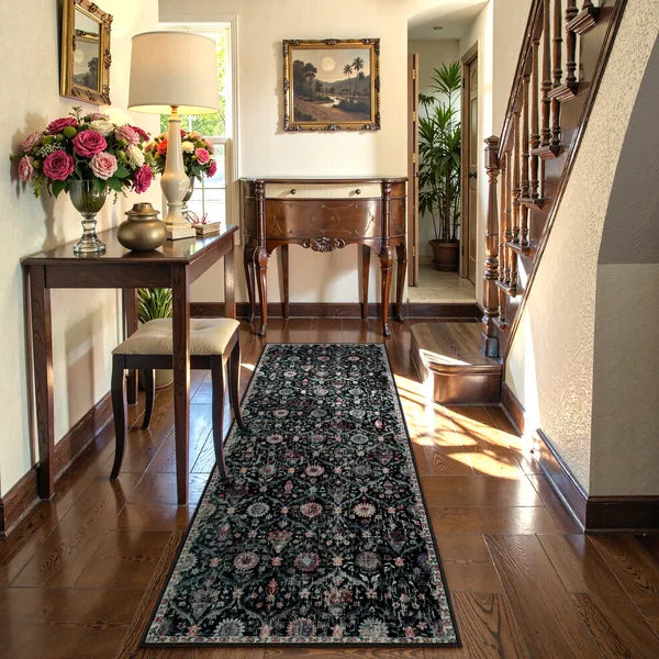 Elise Washable Ultra-thin Vintage Floral Moroccan Trellis Black Rug Area Rugs Lahome