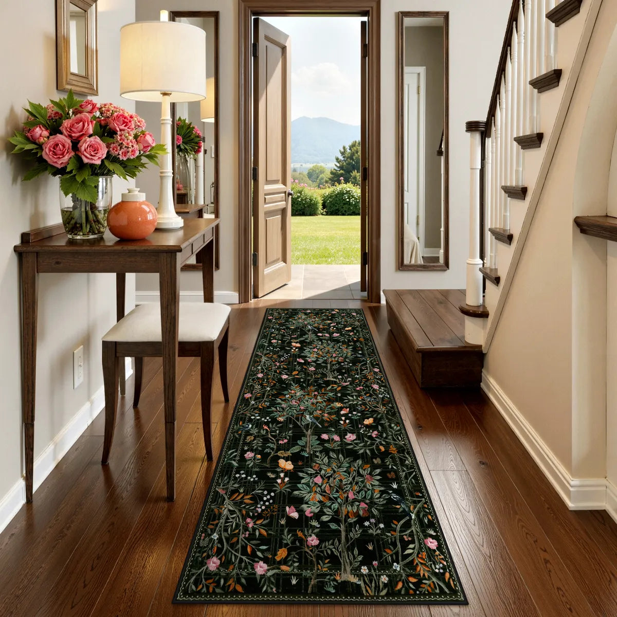 Elowen Washable Boho Forest Botanical Black Runner Rug Rugs Lahome