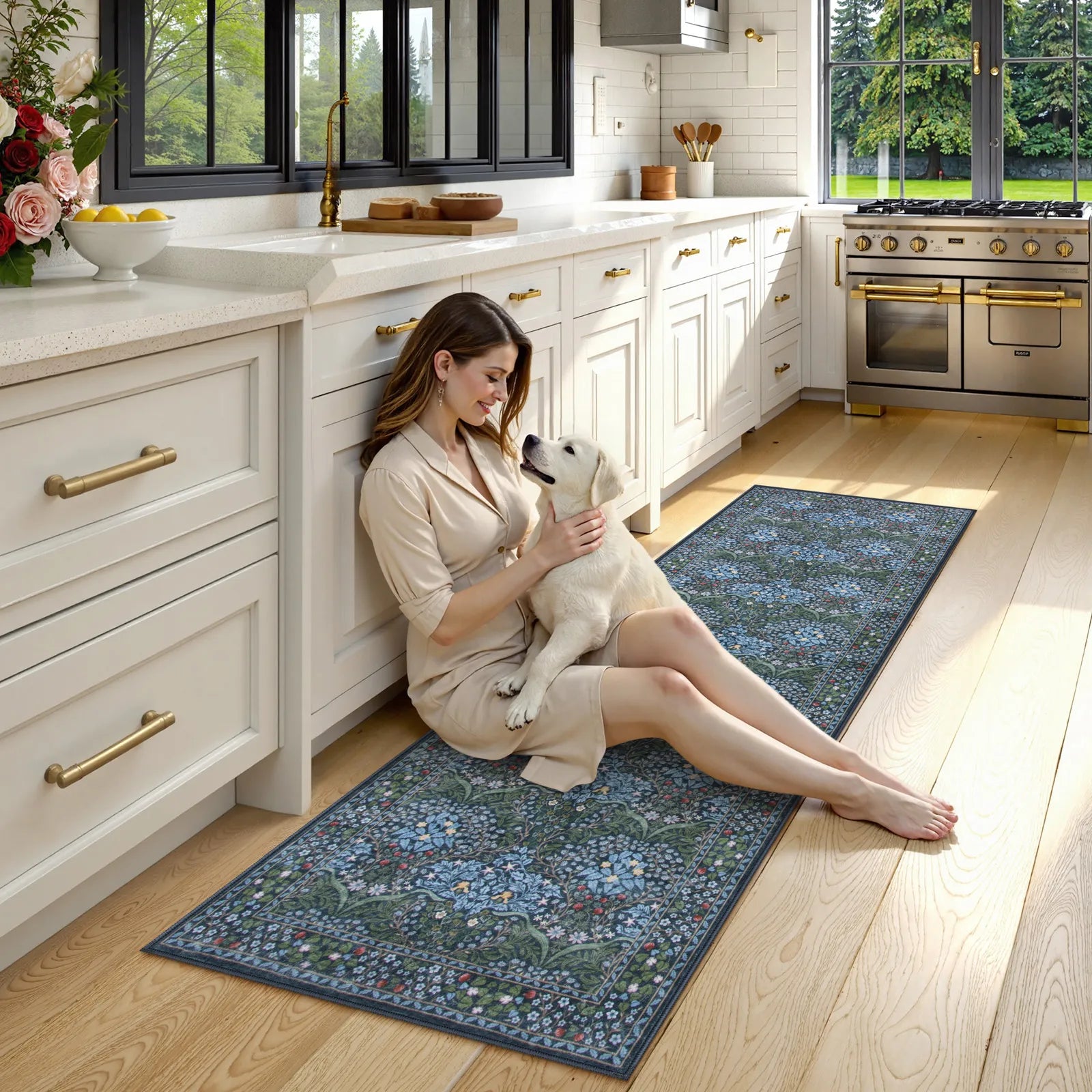 Giverny Washable Maximalism Vintage French Floral Blue Rug Rugs Lahome