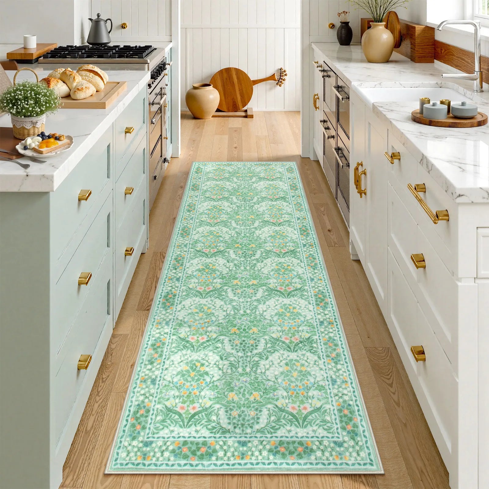 Giverny Washable Maximalism Vintage French Floral Sage Green Rug Rugs Lahome 2' x 6'