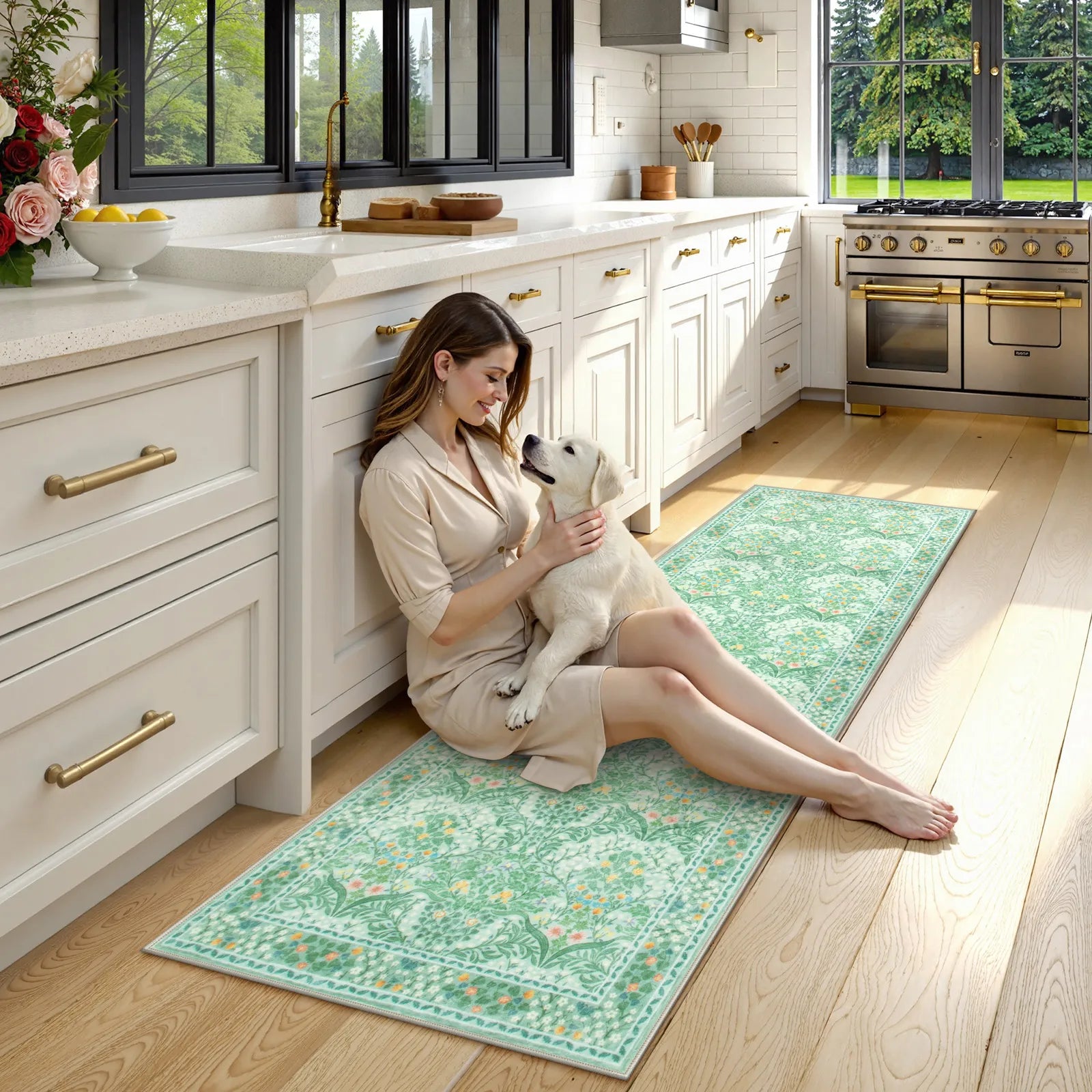 Giverny Washable Maximalism Vintage French Floral Sage Green Rug Rugs Lahome