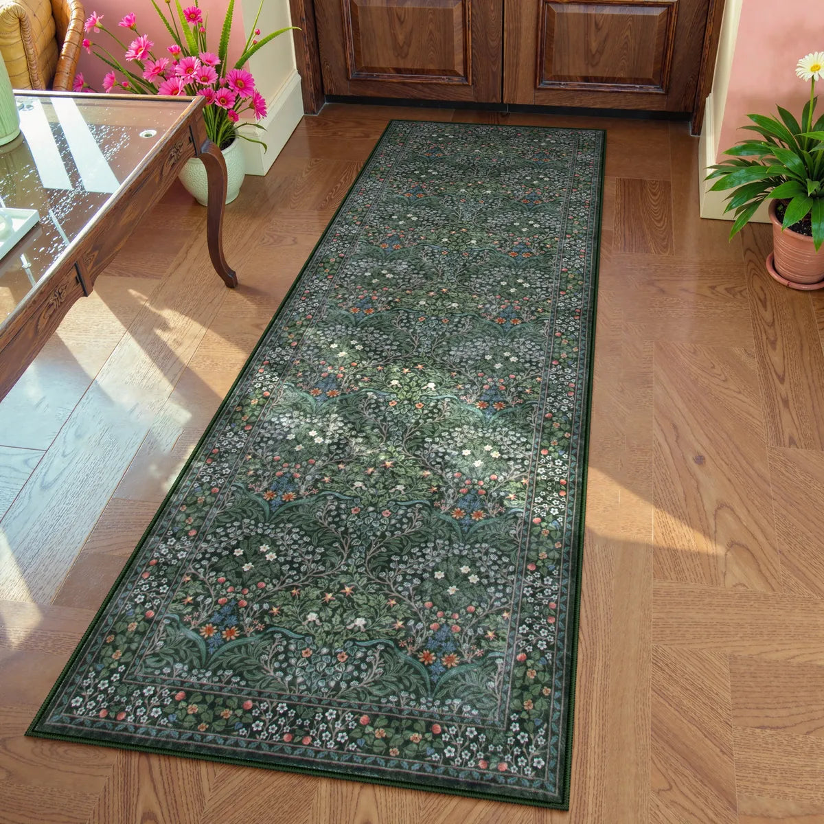 Giverny Washable Maximalism Vintage French Floral Dark Green Rug Rugs Lahome