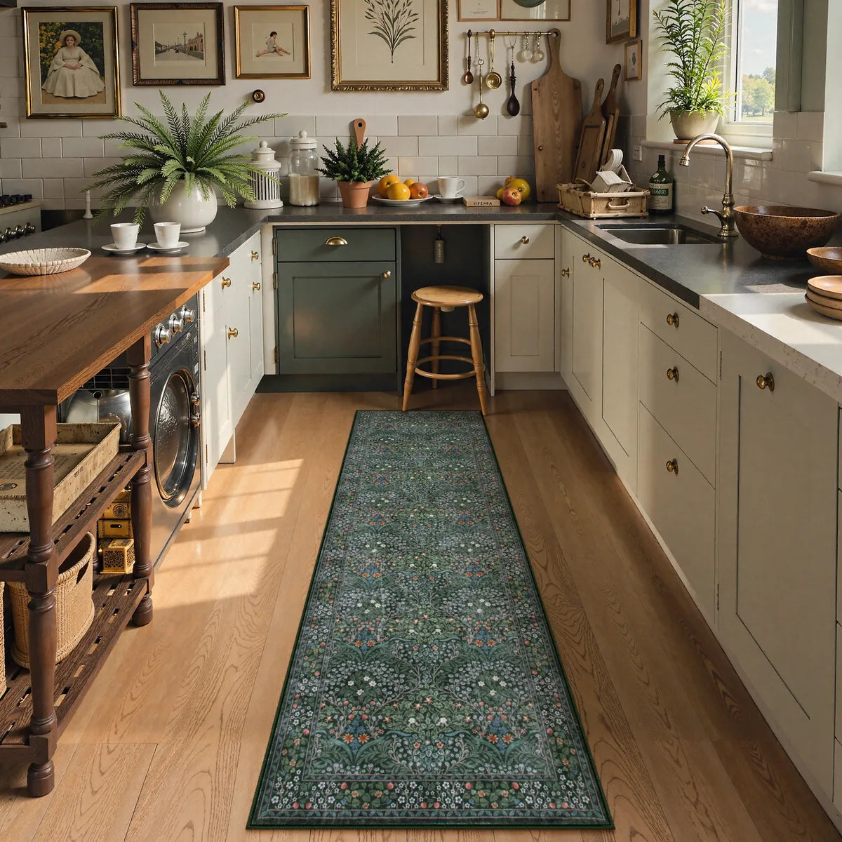 Giverny Washable Maximalism Vintage French Floral Dark Green Rug Rugs Lahome 2' x 6'