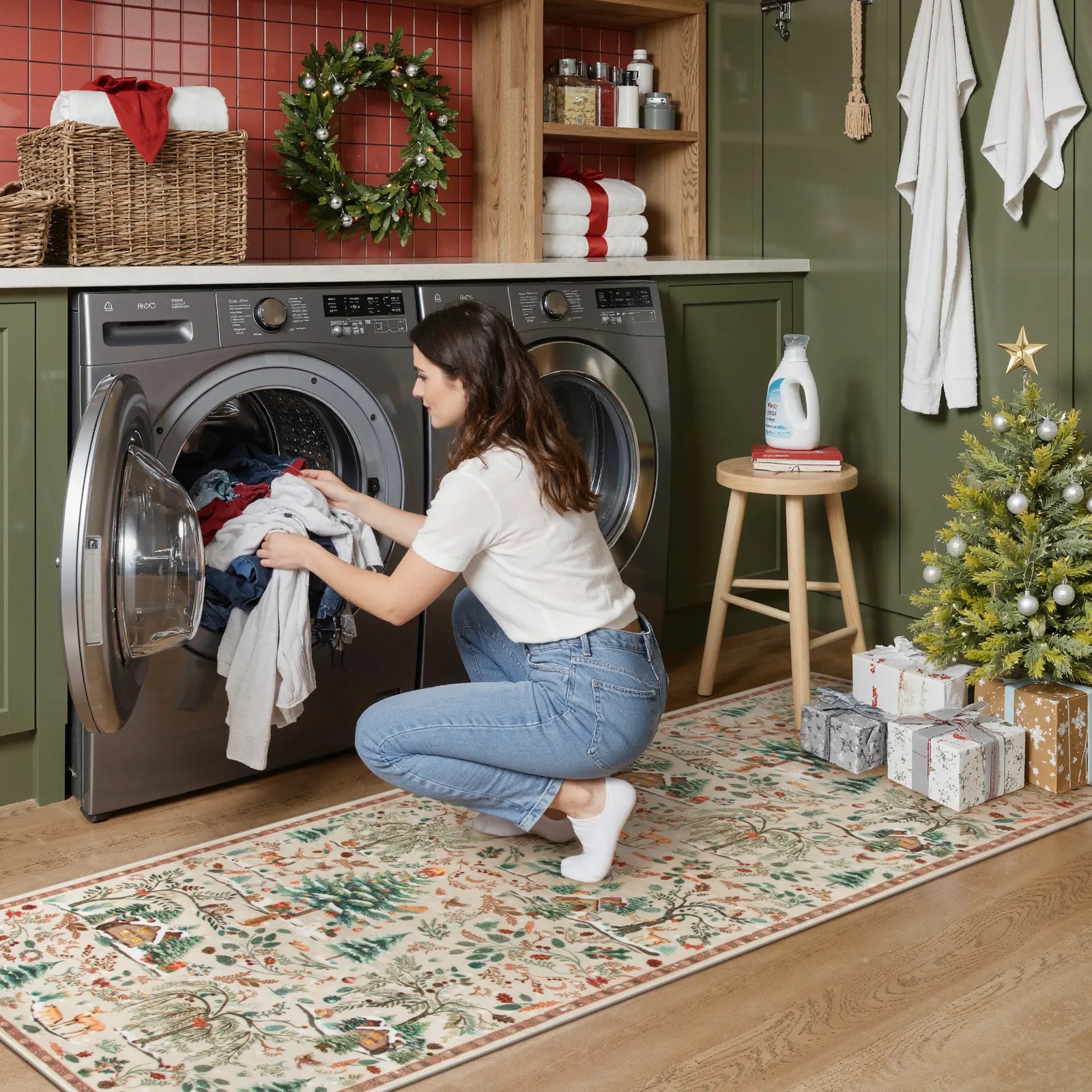 Jocelyn Christmas Washable Winter Woodland Cabin Beige Rug Area Rugs Lahome