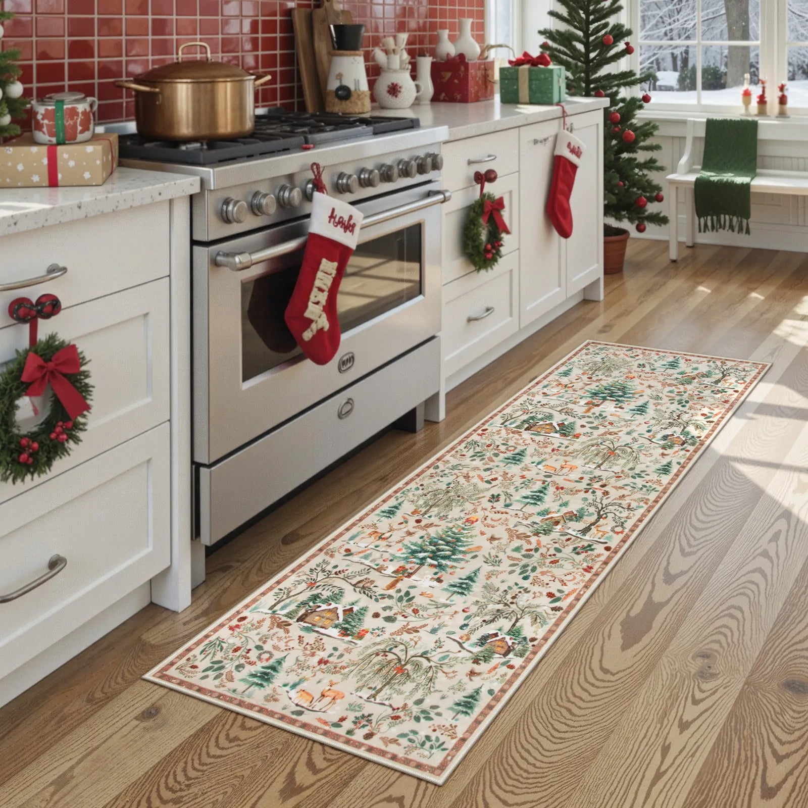 Jocelyn Christmas Washable Winter Woodland Cabin Beige Rug Area Rugs Lahome