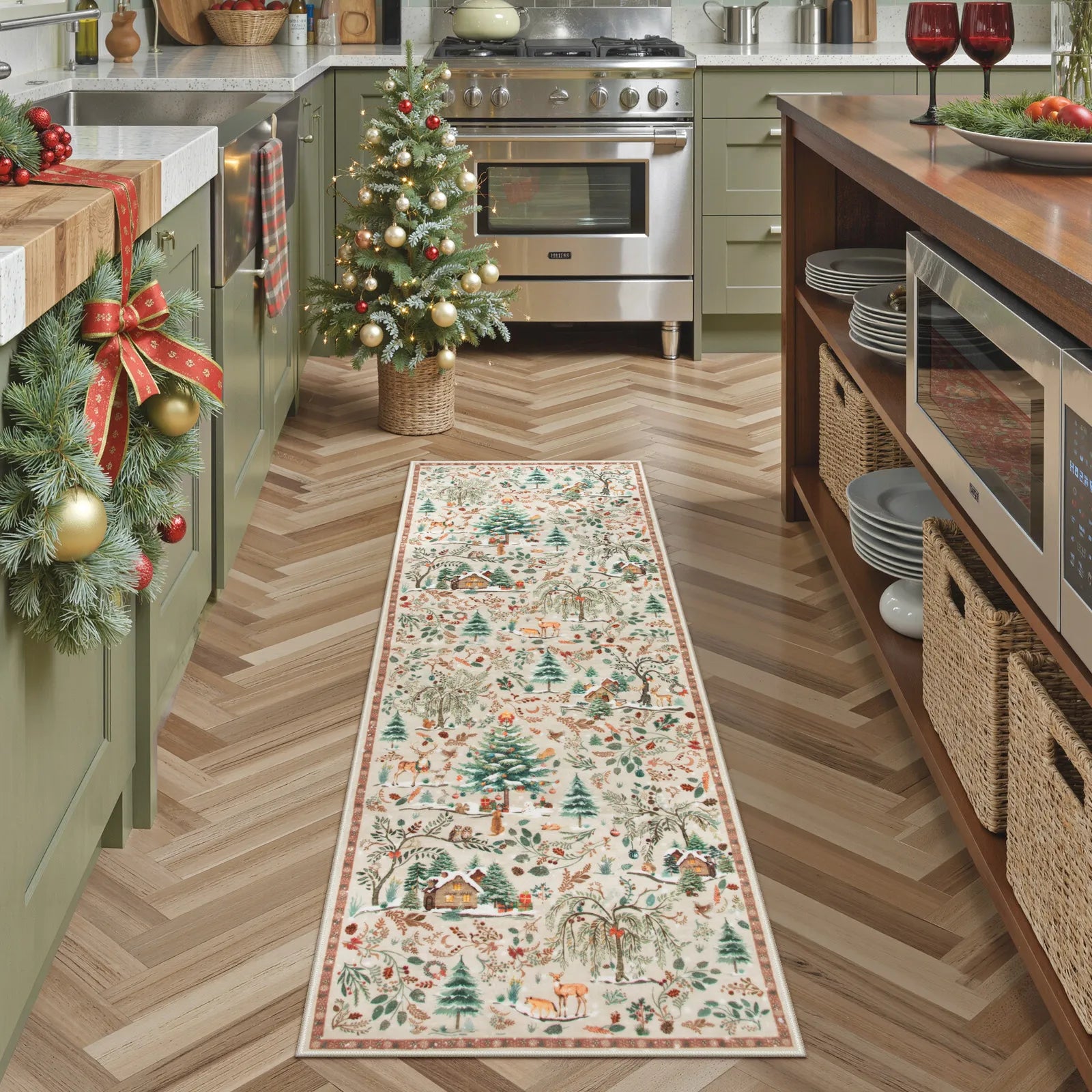 Jocelyn Christmas Washable Winter Woodland Cabin Beige Rug Area Rugs Lahome 2' x 6'