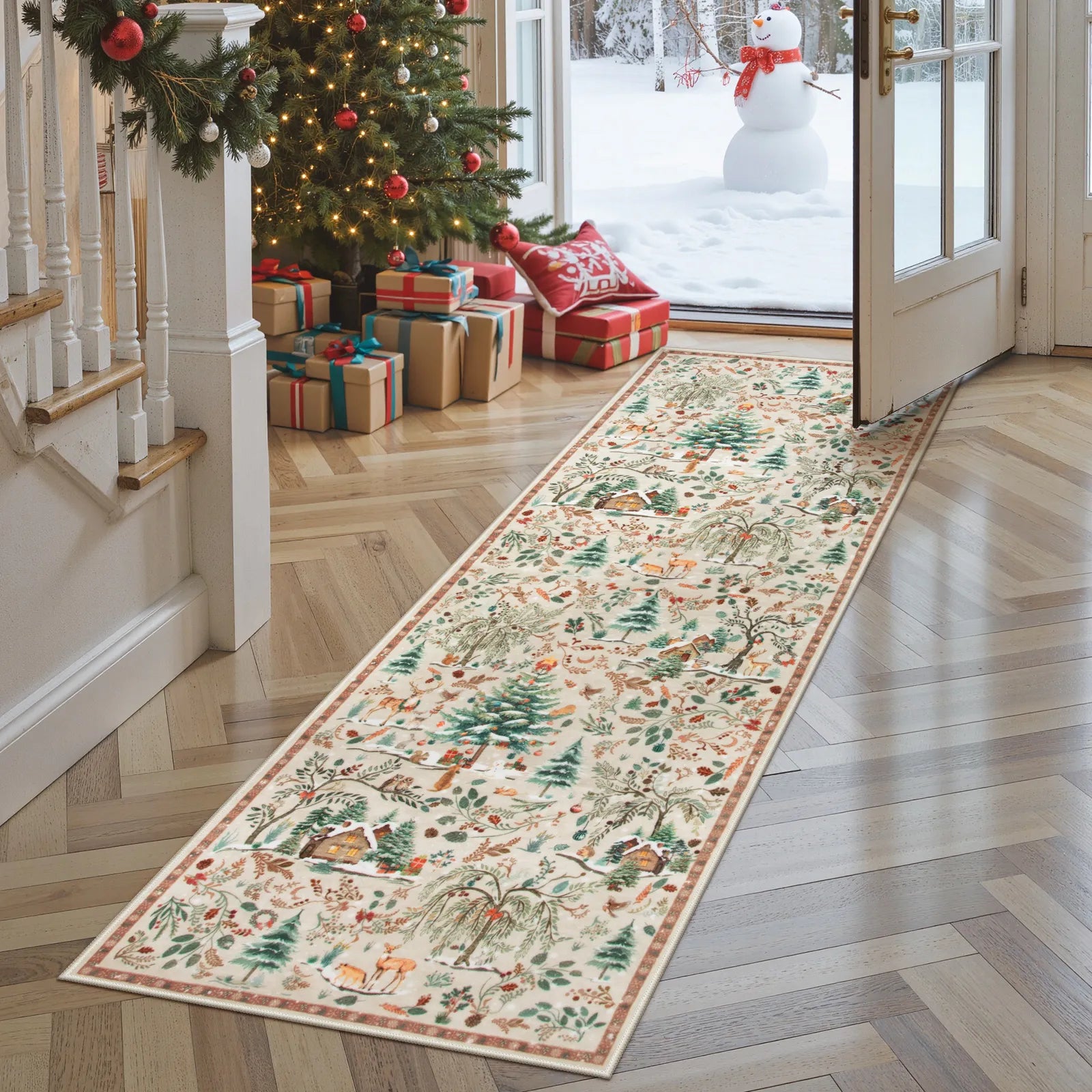 Jocelyn Christmas Washable Winter Woodland Cabin Beige Rug Area Rugs Lahome