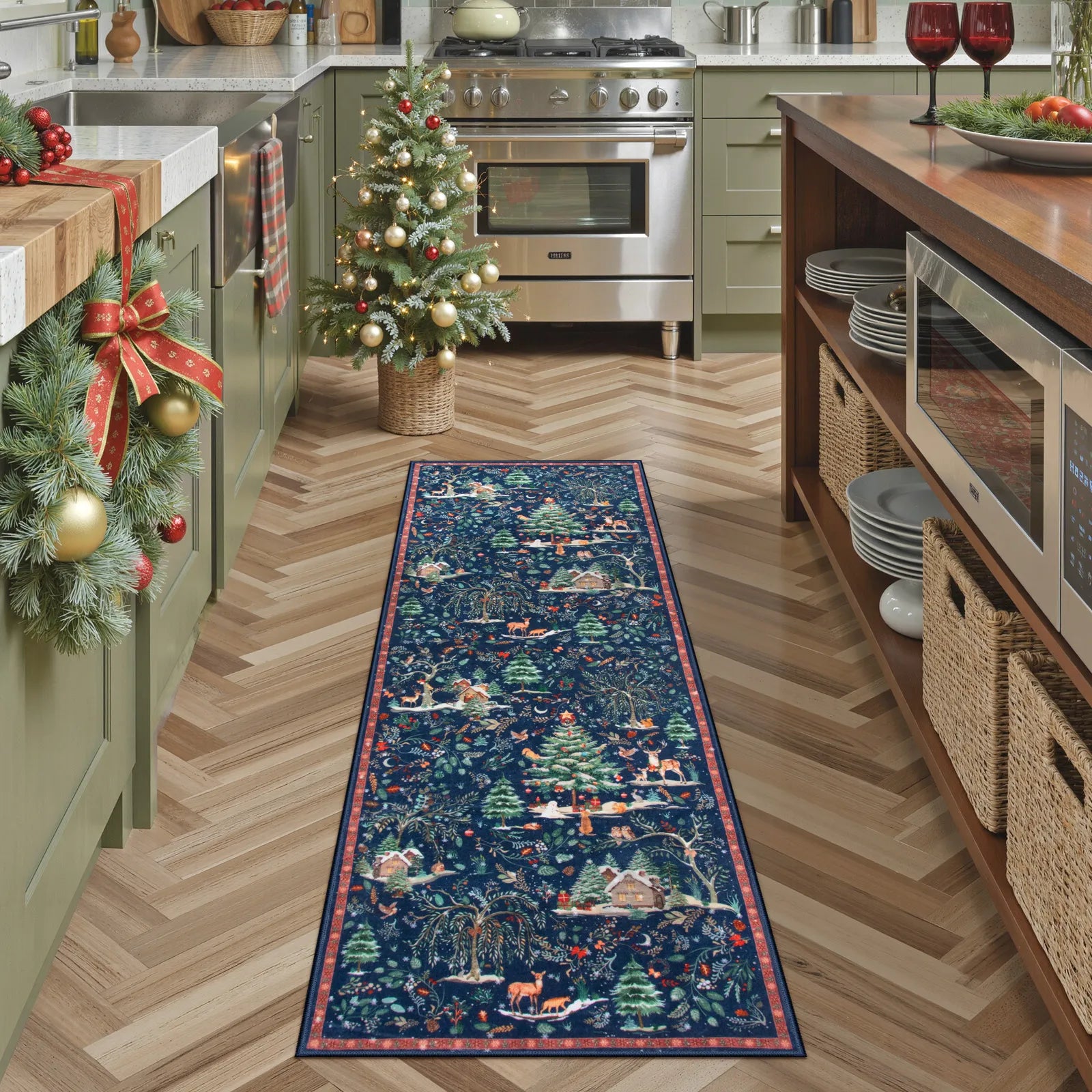 Jocelyn Christmas Washable Winter Woodland Cabin Blue Rug Area Rugs Lahome