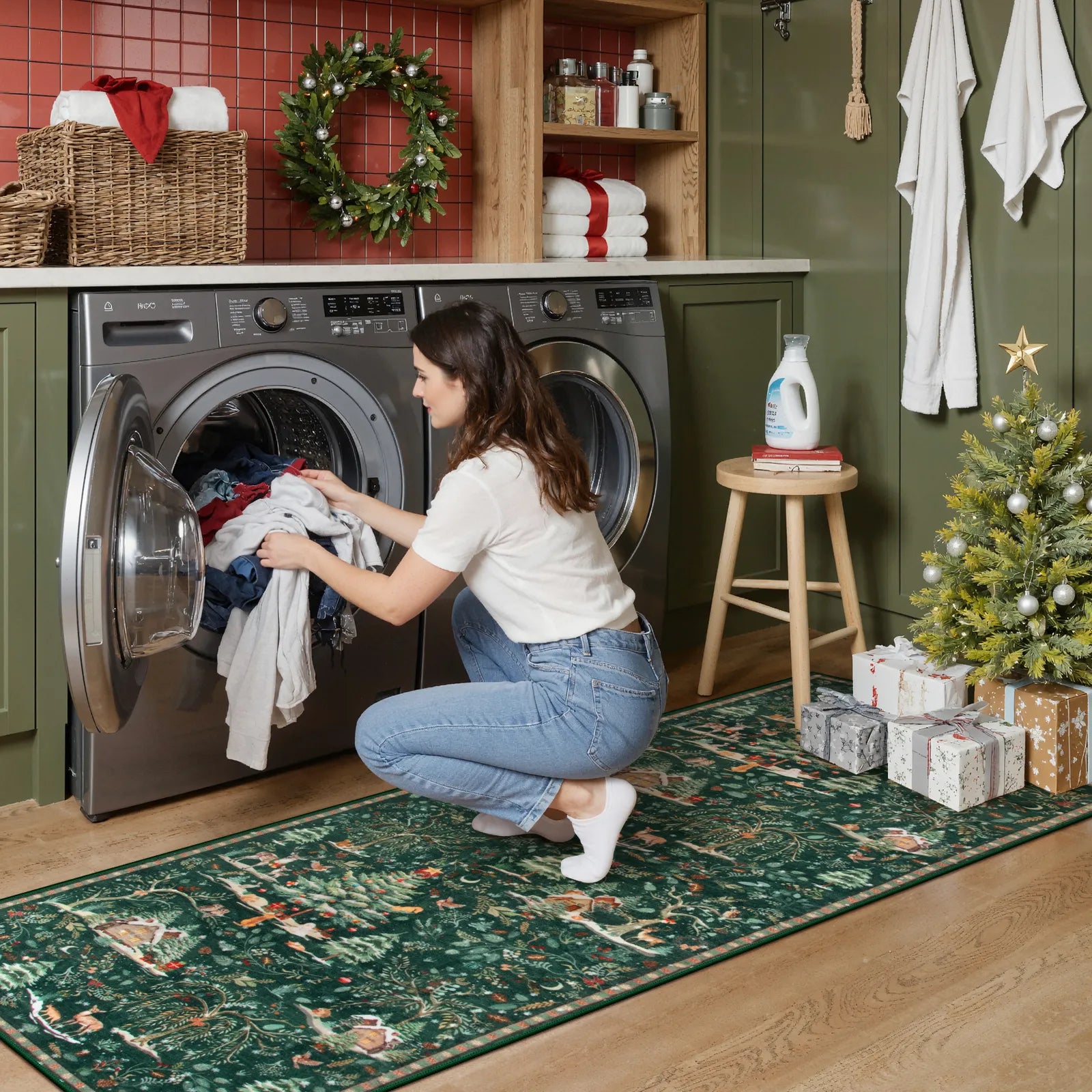 Jocelyn Christmas Washable Winter Woodland Cabin Green Rug Area Rugs Lahome