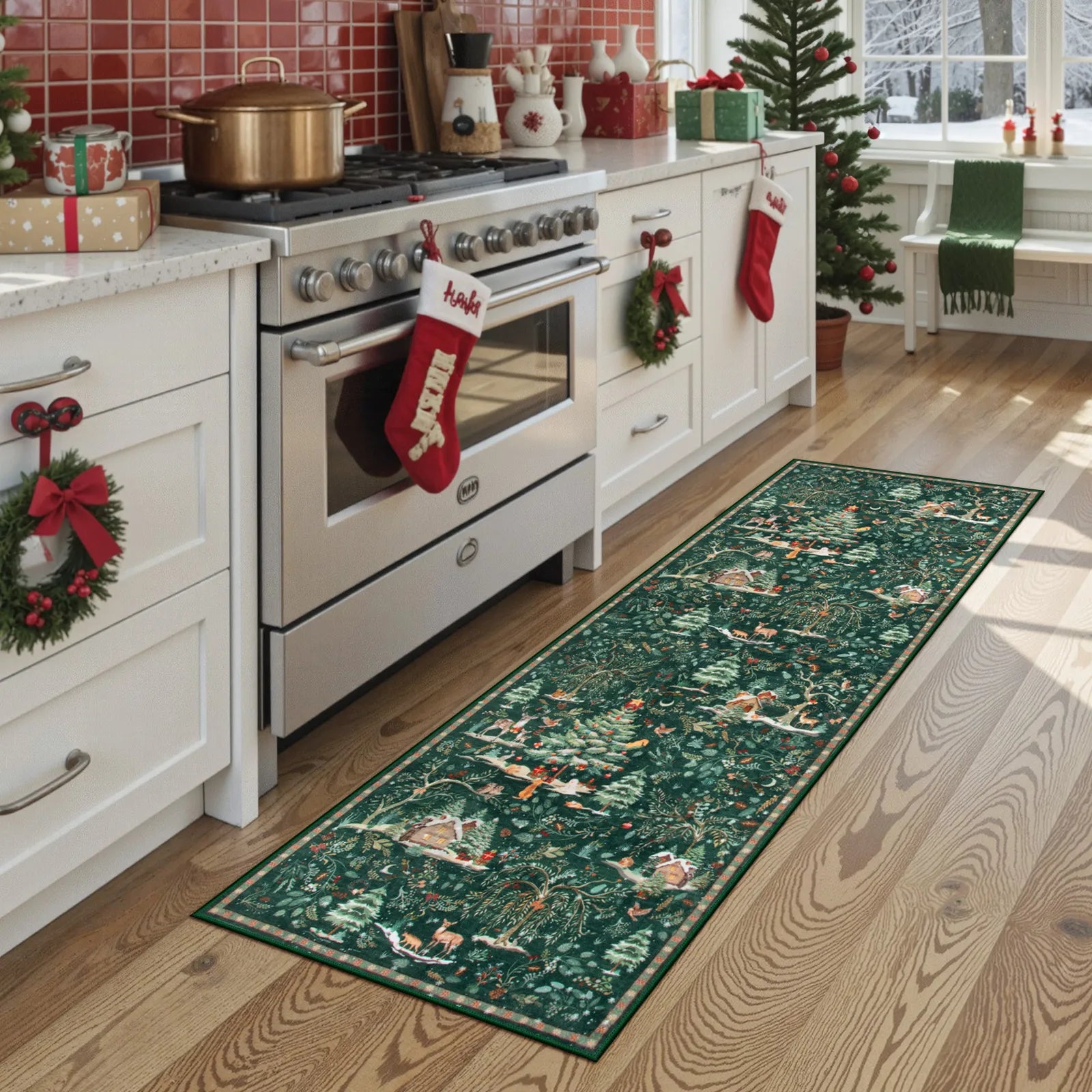 Jocelyn Christmas Washable Winter Woodland Cabin Green Rug Area Rugs Lahome